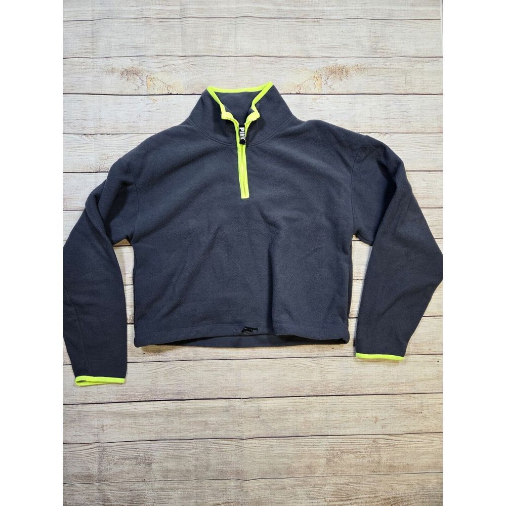Victoria's Secret PINK Fleece Women Medium Gray Crop Drawstring‎ Quarter Zip